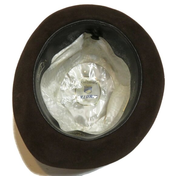 Biltmore Velurin Dark Brown Leather Fedora Hat Mens 7 1/8 Vintage Brim USA - Picture 7 of 12